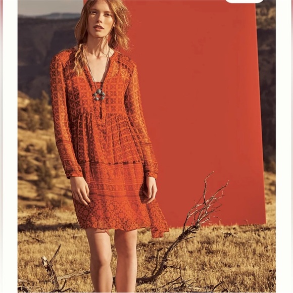 Maeve Anthropologie Canna Swing Dress Aztec Red Sheer Orange Red Size 8 - Picture 3 of 15